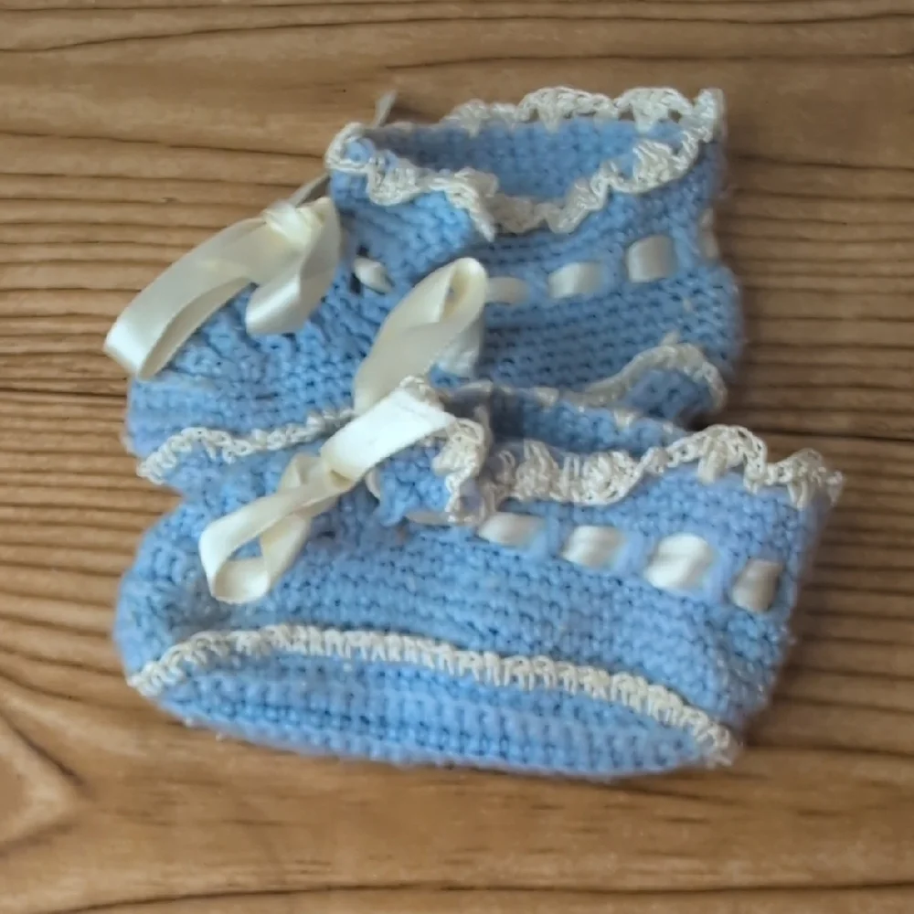 Vintage Crochet Handmade Blue Baby Booties with Ribbon